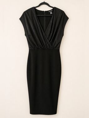 EXPRESS Black Midi Sheath Dress M | V Neck Cocktail LBD Evening